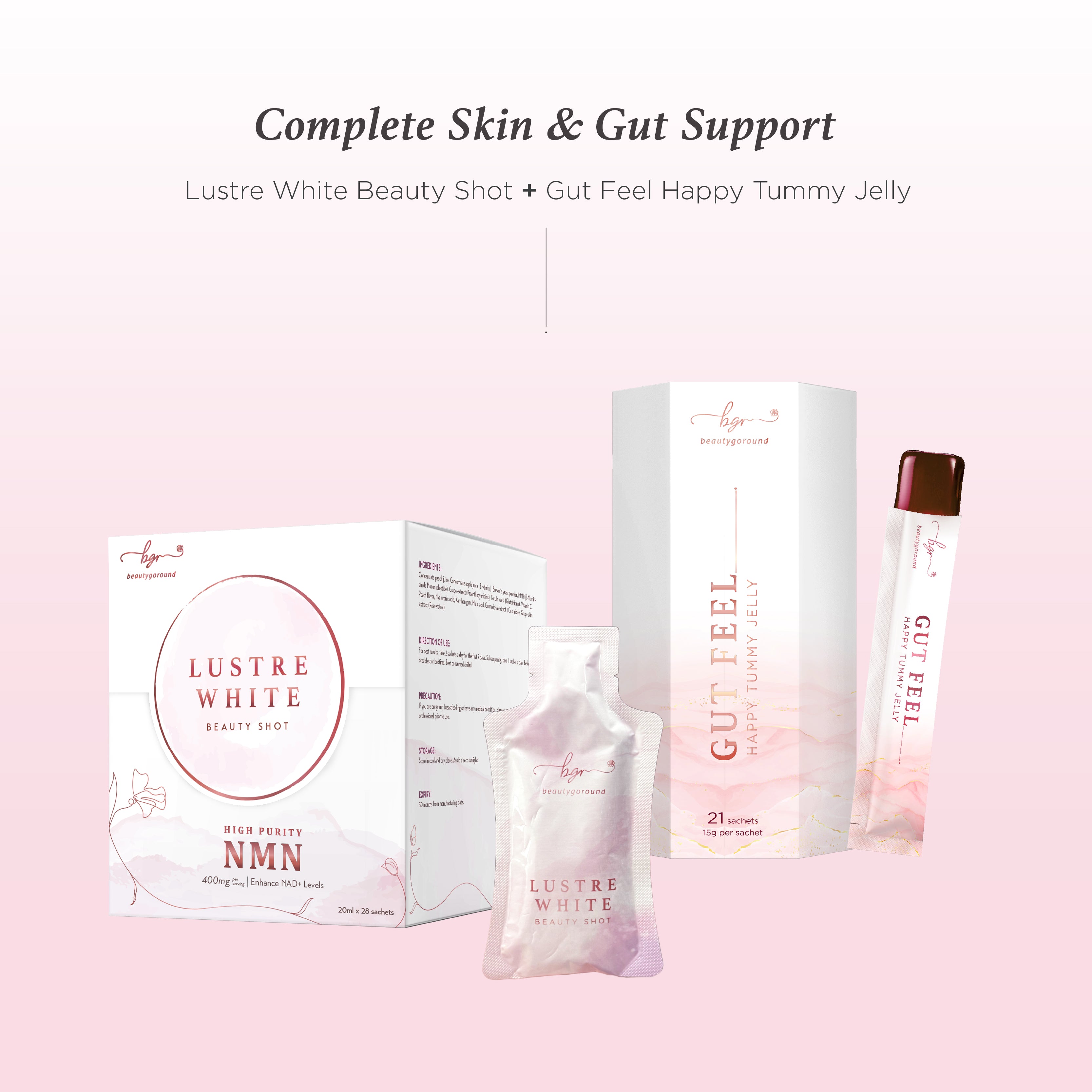 Gut Feel Happy Tummy Jelly + Lustre White NMN Beauty Shot
